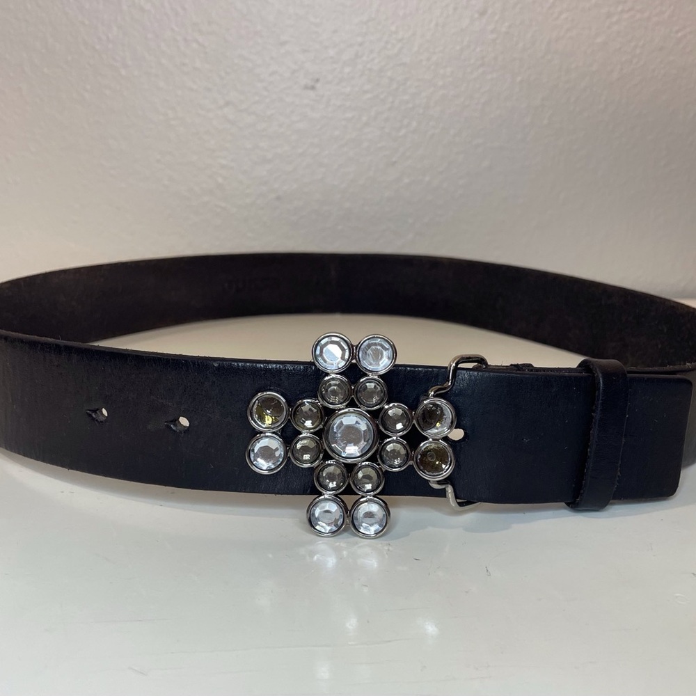 Guess Women’s Y2K Brown and Silver Crystal Genuine Leather‎ Buckle Belt Size L